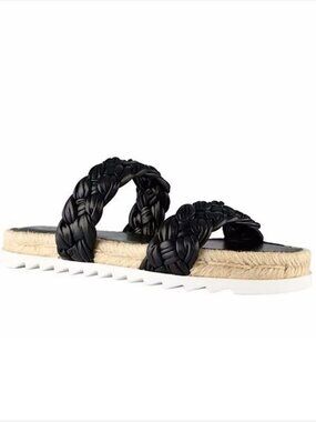 MARC FISHER Black Braided Leather Platform Espadrille Slide Sandals 11M
